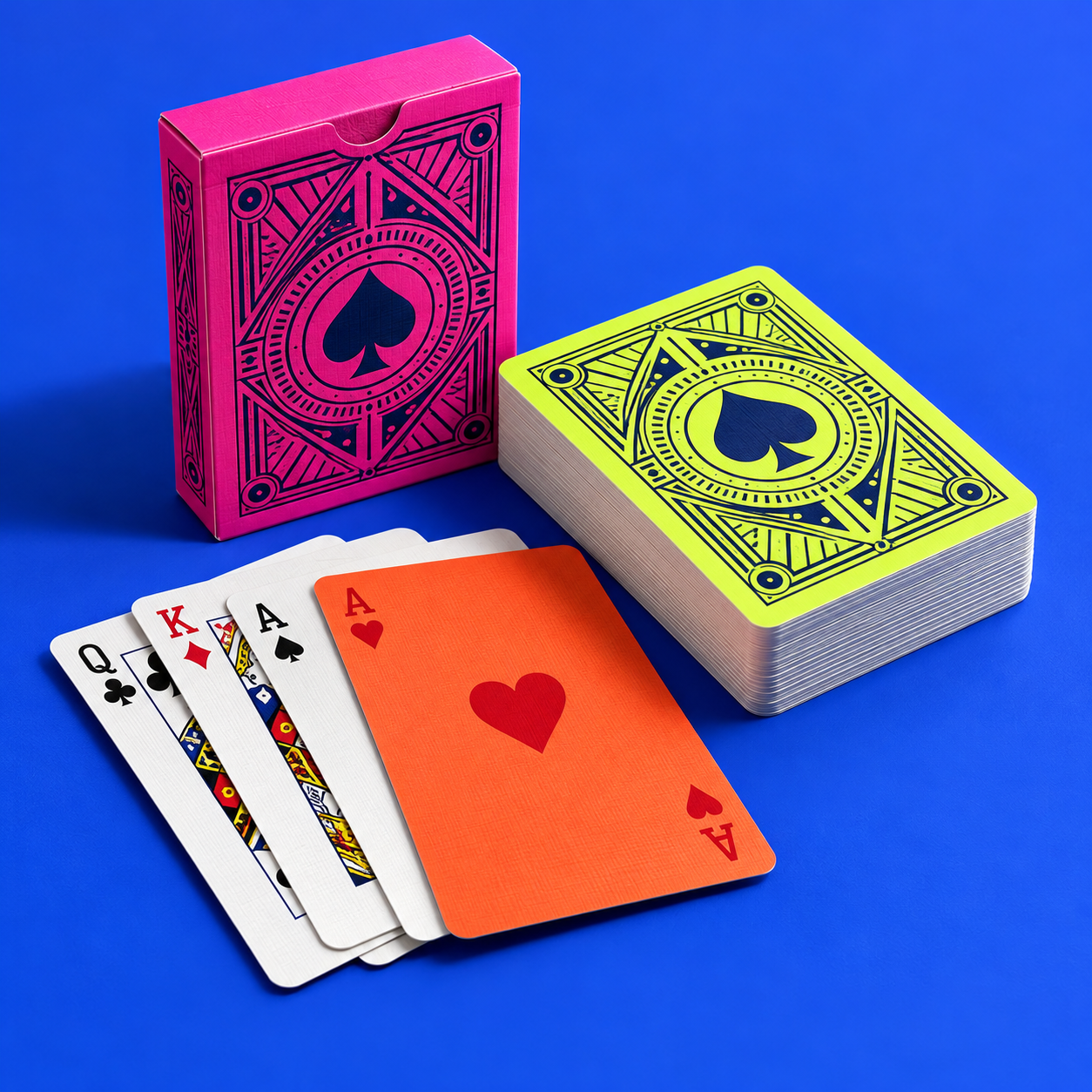 Lime card deck with pink box and fanned cards